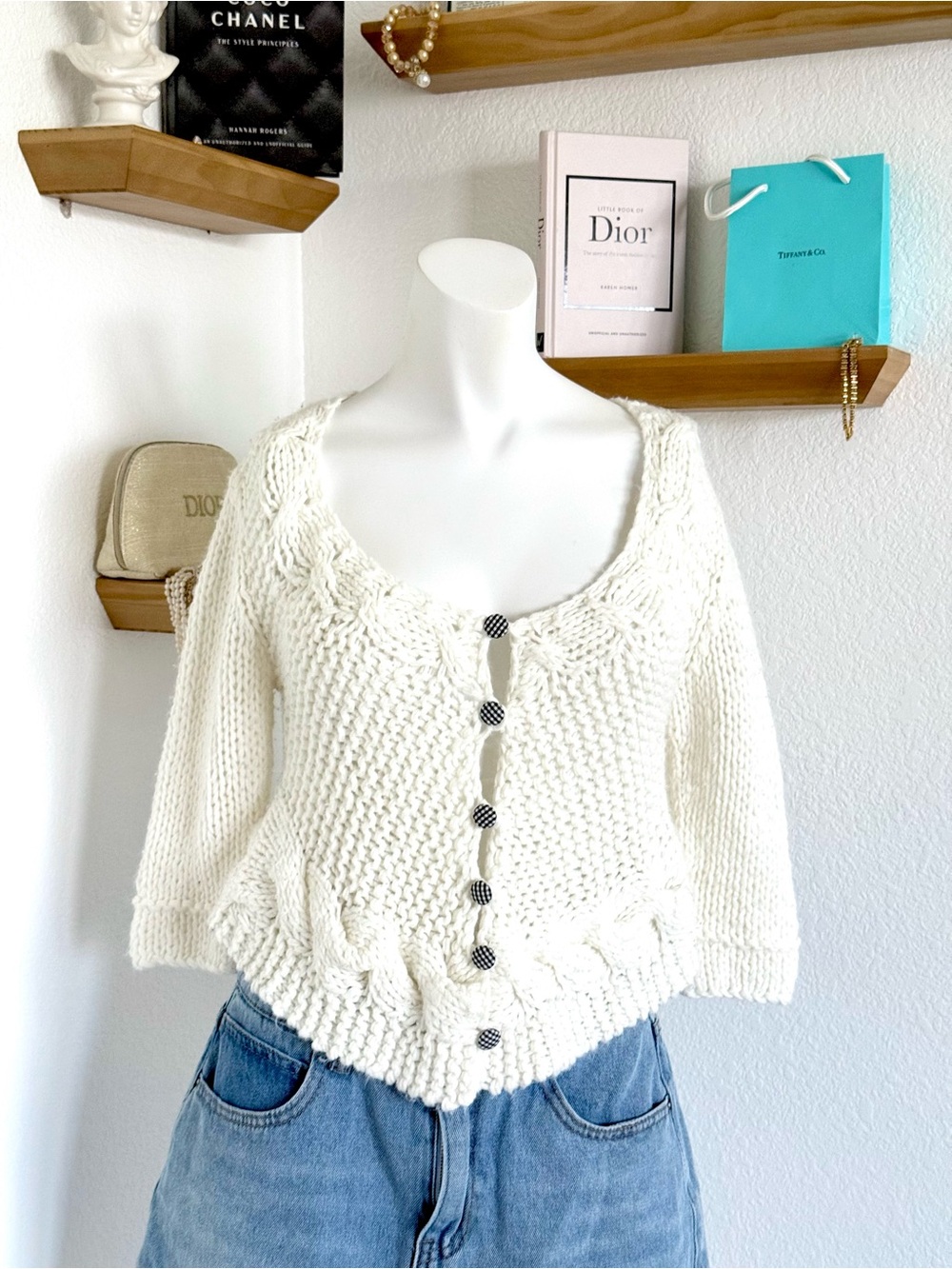 Free People Crochet Cardigan Gingham Buttons Size XS